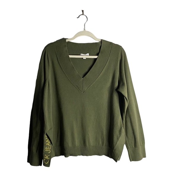 Calvin klein Jeans Women's Green V-Neck Sweatshirt - Picture 1 of 8